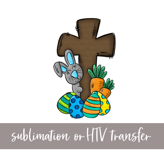 Blue Bunny with Cross, Easter - Sublimation or HTV Transfer
