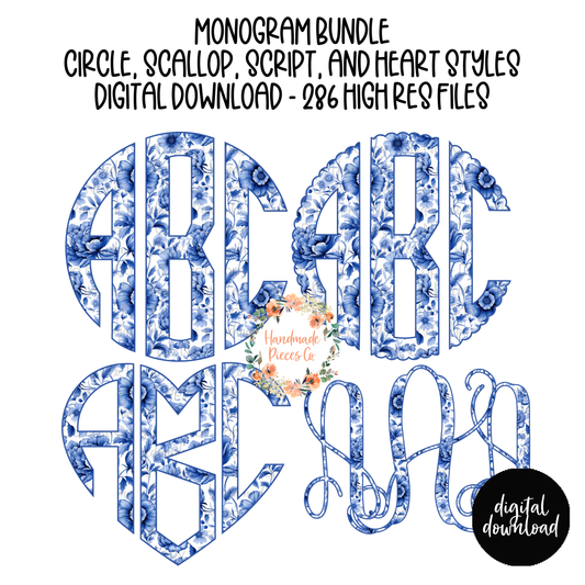 Blue Floral Monogram, Style 1 - Multiple Styles - Digital Download