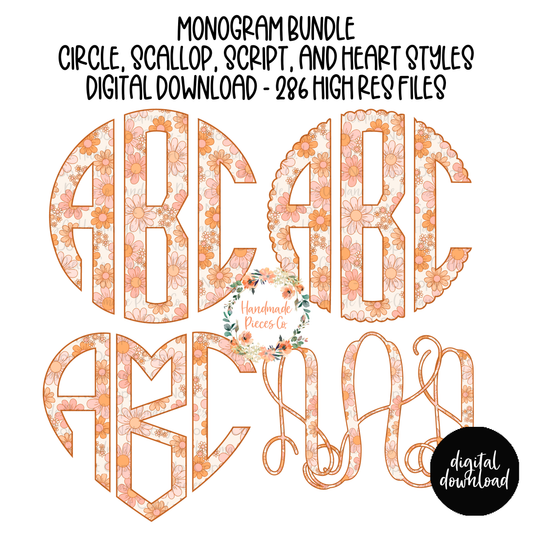 Retro Spring Daisy Floral Monogram - Multiple Styles - Digital Download