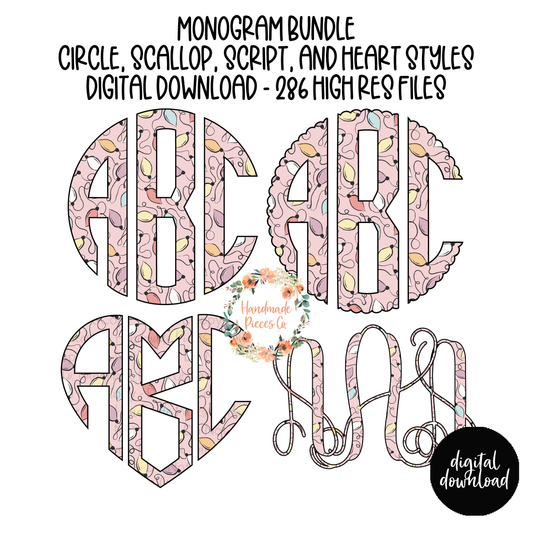 Christmas Lights, Pink Monogram - Multiple Styles - Digital Download