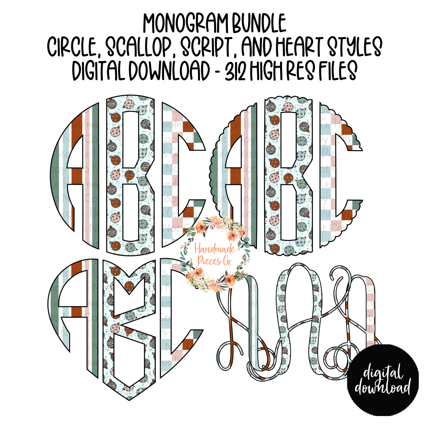 Christmas Ornament Trio Monogram - Multiple Styles - Digital Download
