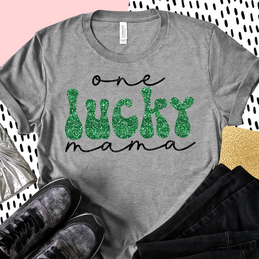 One Lucky Mama, Green Glitter - Sublimation or HTV Transfer