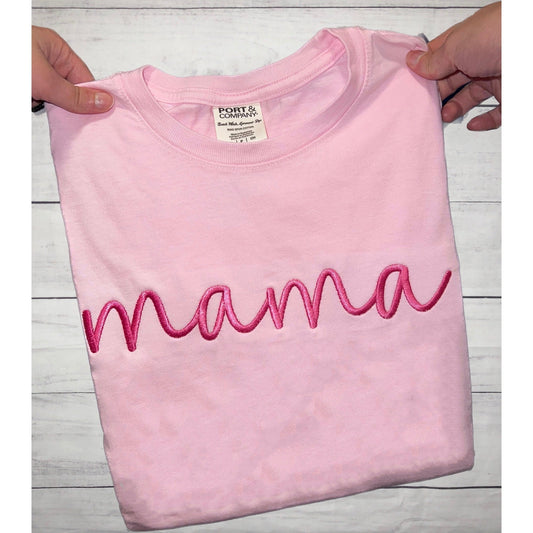 Mama Embroidered Port & Co. Garment Dyed Short Sleeve TShirt - Cherry Blossom, Ready to Ship
