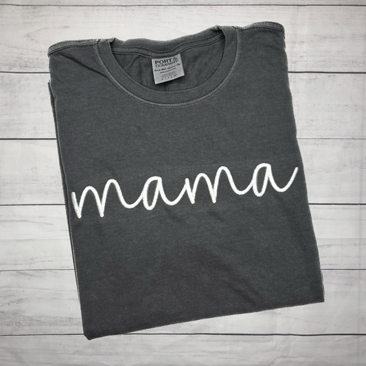 Mama Embroidered Port & Co. Garment Dyed Short Sleeve TShirt - Coal, Ready to Ship