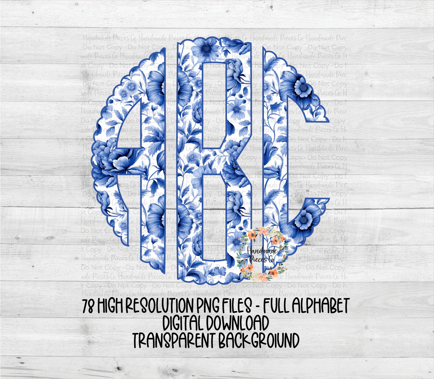Blue Floral Monogram, Style 1 - Multiple Styles - Digital Download