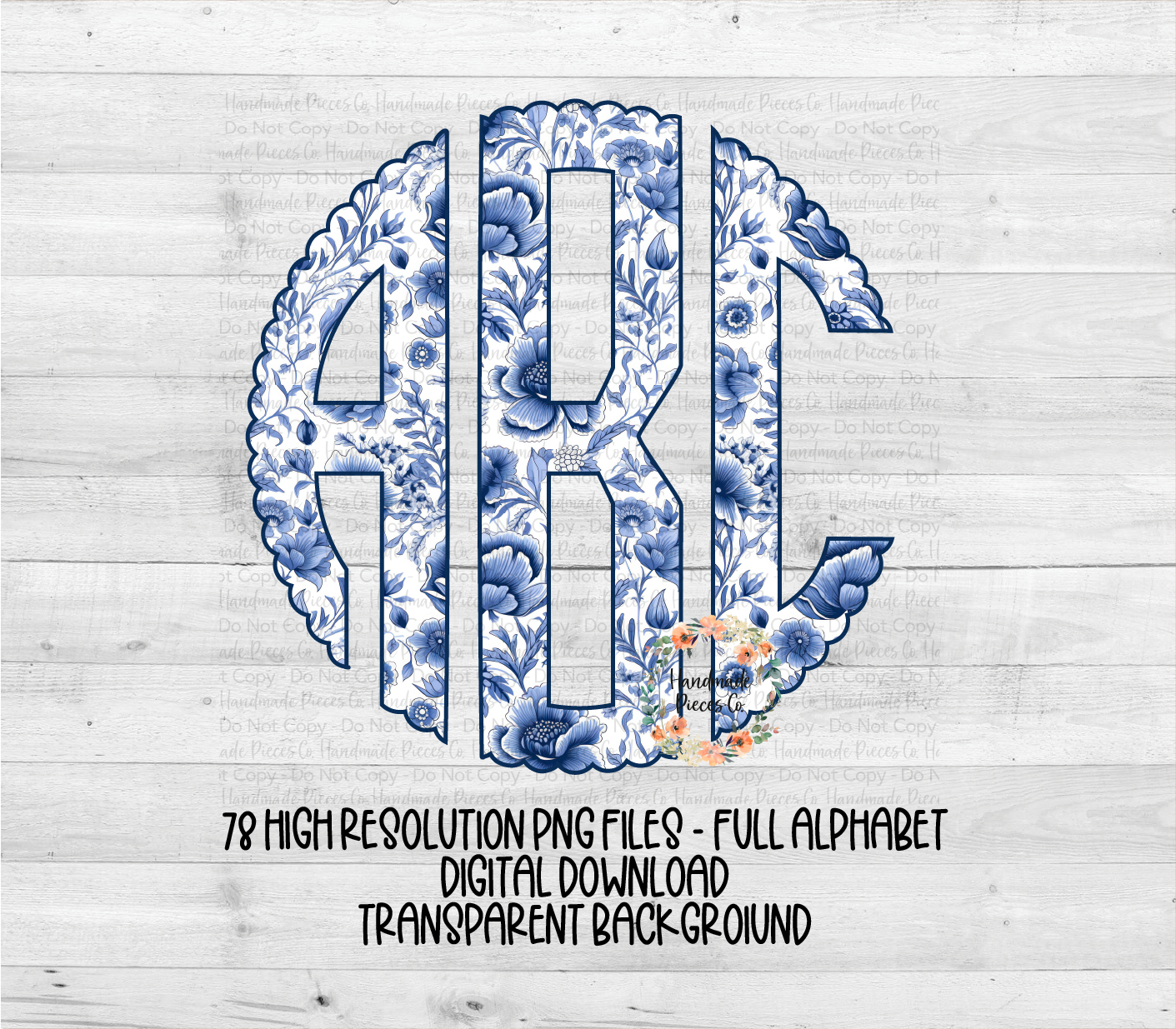 Blue Floral Monogram, Style 2 - Multiple Styles - Digital Download