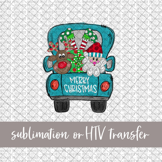 Merry Christmas Vintage Truck, Teal - Sublimation or HTV Transfer