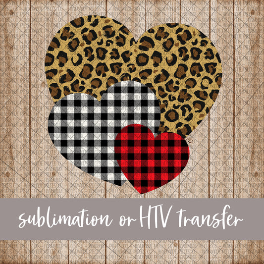 Heart Trio, Leopard, Red and Black Plaid 2 - Sublimation or HTV Transfer