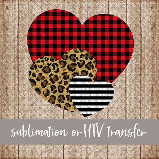 Heart Trio, Leopard, Red Plaid, Black Stripes - Sublimation or HTV Transfer