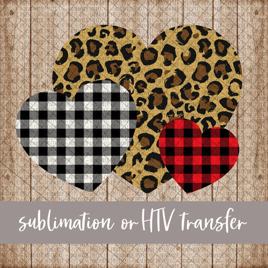 Heart Trio, Leopard, Red and Black Plaid - Sublimation or HTV Transfer