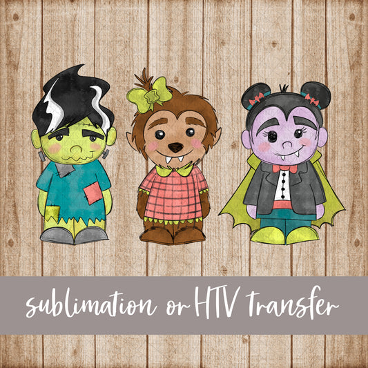 Frankenstein Wolf Dracula Trio,, Girl - Sublimation or HTV Transfer