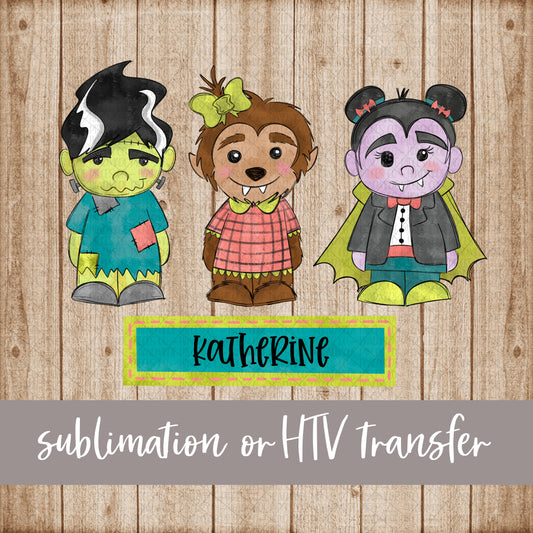 Frankenstein Wolf Dracula Trio, Girl with Name - Sublimation or HTV Transfer