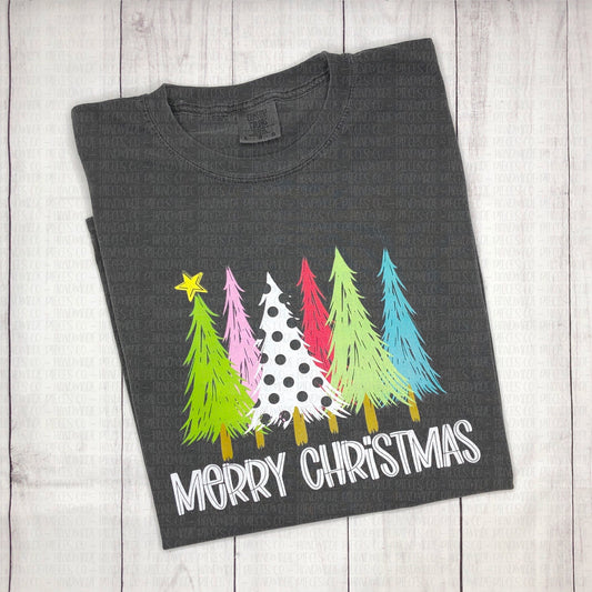 Merry Christmas Colorful Trees Comfort Colors T-Shirt, Ready to Ship