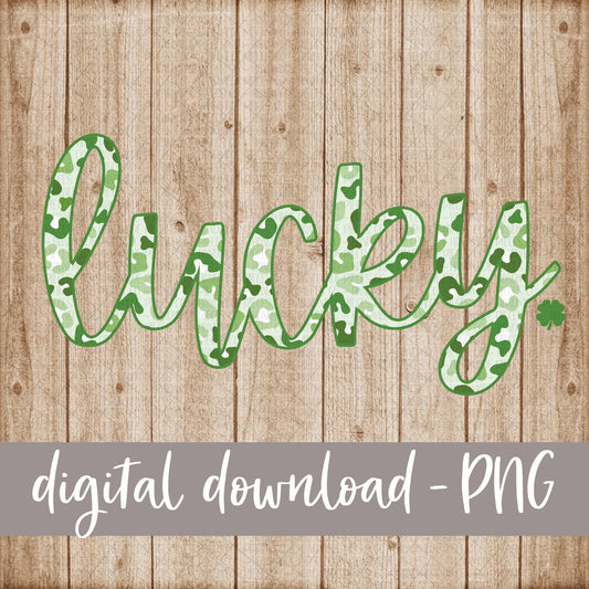 Lucky with Shamrock, Cursive, Green Leopard Pattern - Digital Download