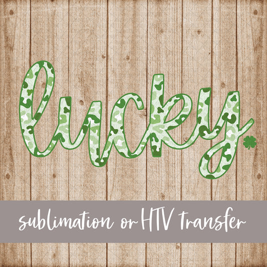 Lucky, with Shamrock Cursive, Green Leopard Pattern  - Sublimation or HTV Transfer