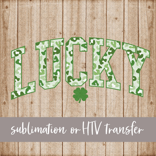 Lucky with Shamrock, Curved, Green Leopard Pattern  - Sublimation or HTV Transfer
