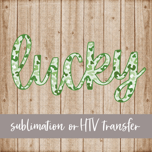 Lucky, Cursive, Green Leopard Pattern  - Sublimation or HTV Transfer