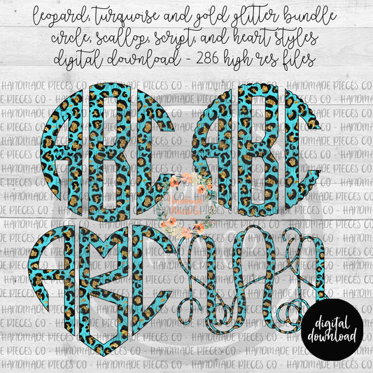 Leopard, Turquoise and Gold Glitter Monogram - Multiple Styles - Digital Download