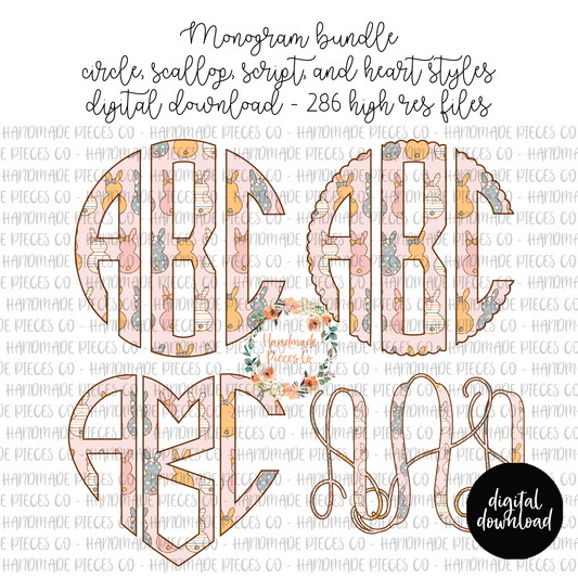 Easter Monogram, Bunnies, Pink Background - Multiple Styles - Digital Download