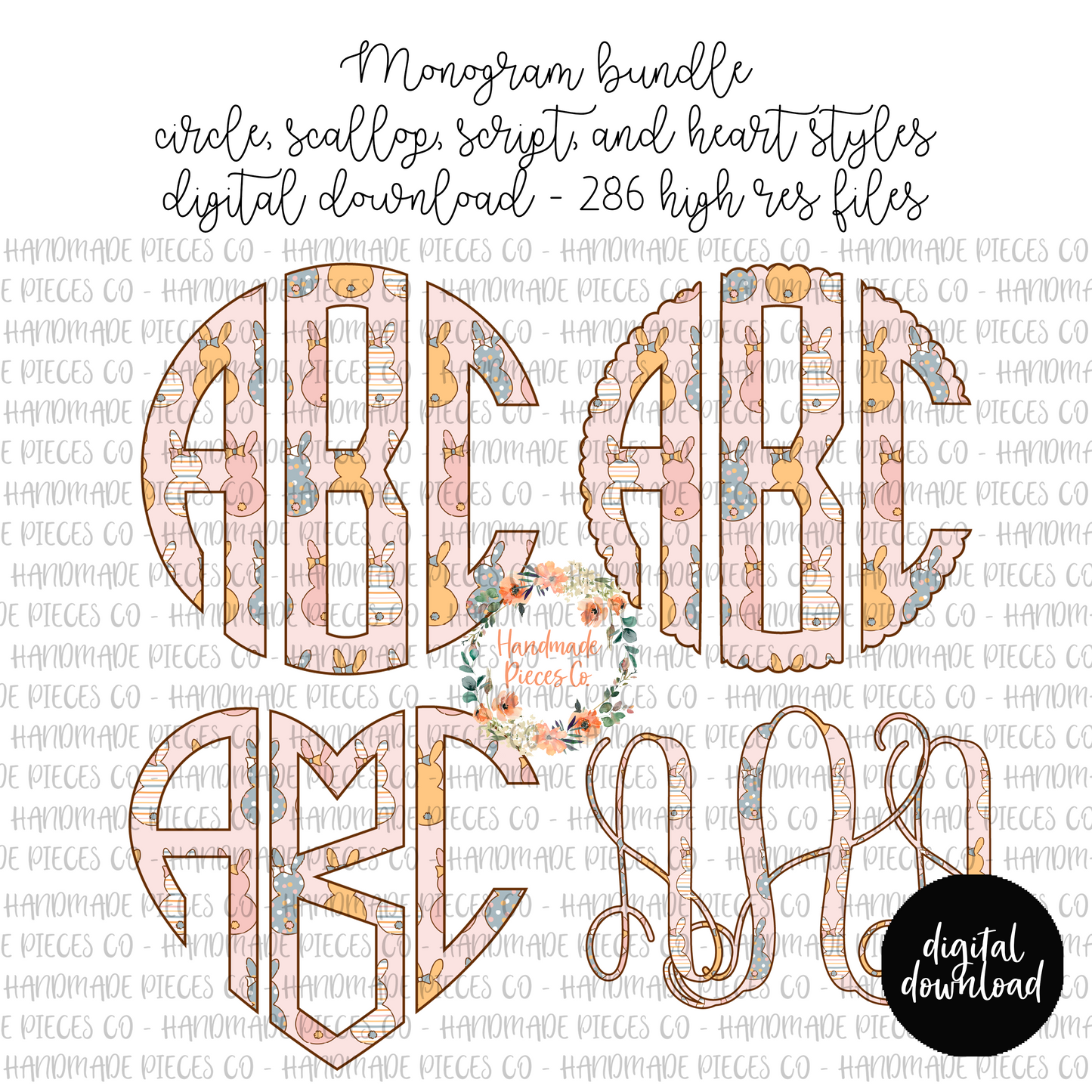 Easter Monogram, Bunnies, Pink Background - Multiple Styles - Digital Download