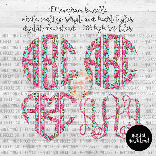 Preppy Pink Rose Monogram - Multiple Styles - Digital Download