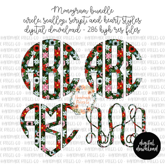 Merry and Bright Floral Monogram, Dark Floral - Multiple Styles - Digital Download