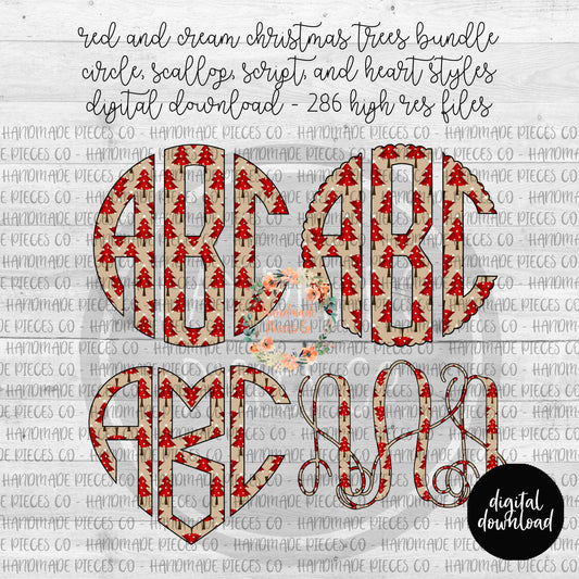 Christmas Trees, Red and Cream Monogram - Multiple Styles - Digital Download