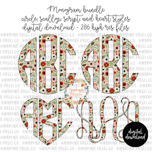 Merry and Bright Floral Monogram, Light Floral - Multiple Styles - Digital Download
