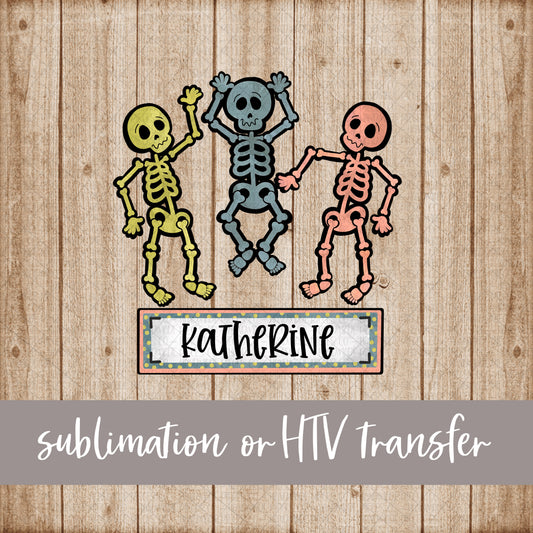 Dancing Skeleton Trio, Grey Blue Pink with Name - Sublimation or HTV Transfer