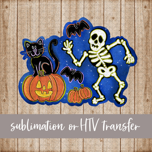 Dancing Skeleton with Cat and Pumpkin - Sublimation or HTV Transfer