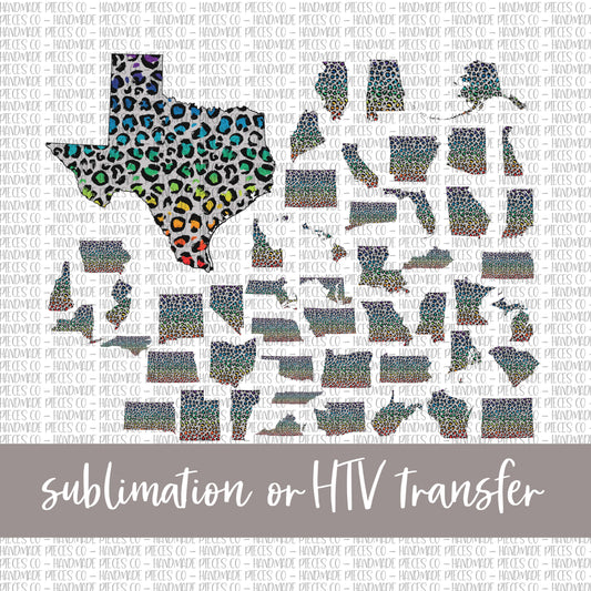 State Outline, Leopard Rainbow Spots - Sublimation or HTV Transfer