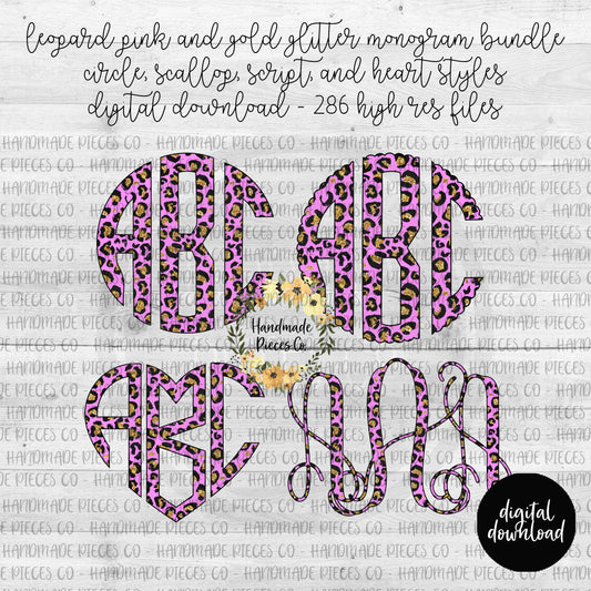 Leopard, Pink and Gold Glitter Monogram - Multiple Styles - Digital Download