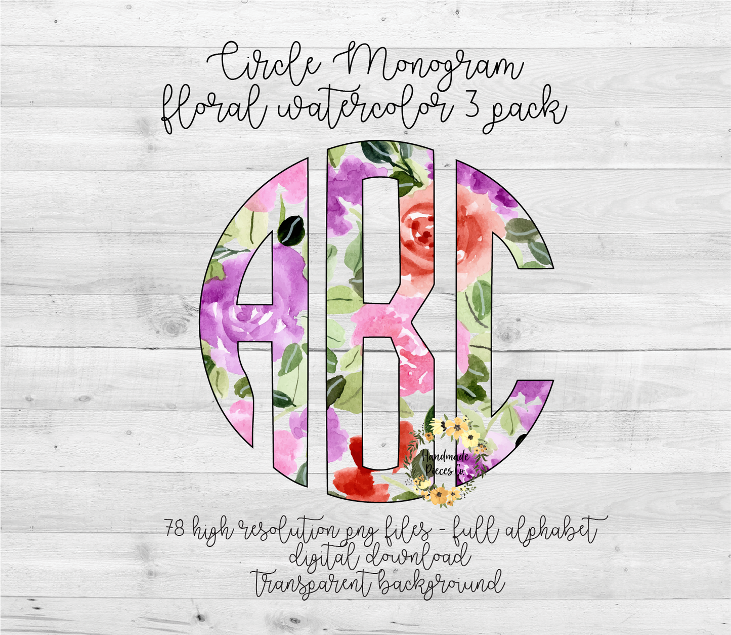 Floral Watercolor 3 Monogram - Multiple Styles - Digital Download