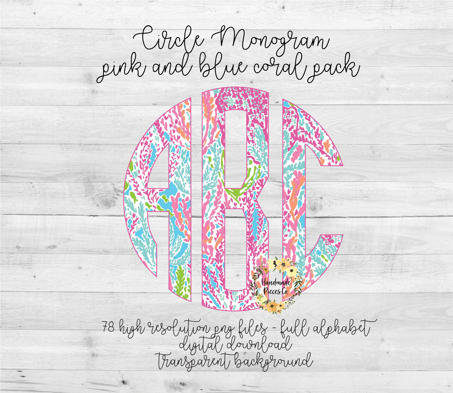 Pink and Blue Coral Monogram - Multiple Styles - Digital Download