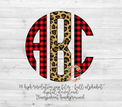 Buffalo Plaid Red and Leopard Monogram - Multiple Styles - Digital Download