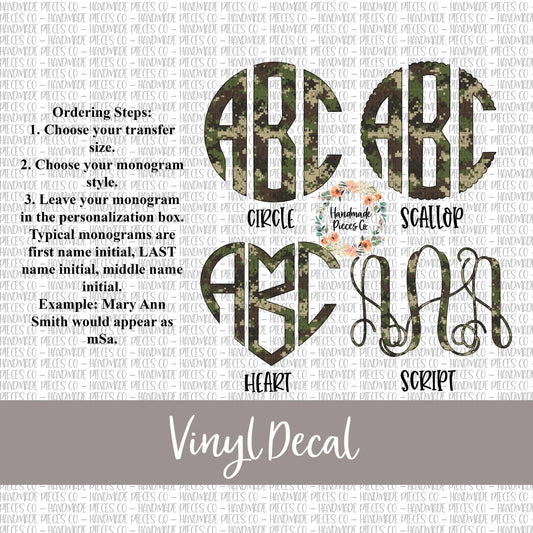 Camouflage Monogram Vinyl Decal, Woodland Camo