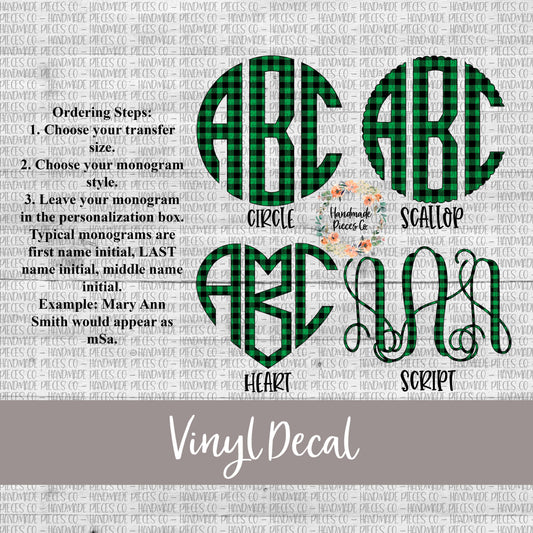 Buffalo Plaid Monogram Vinyl Decal, Black and Green Buffalo Plaid