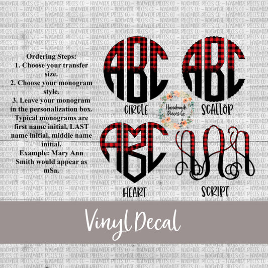 Buffalo Plaid Monogram Vinyl Decal, Black and Red Buffalo Plaid Split
