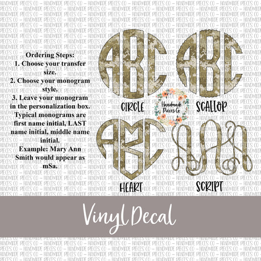 Camouflage Monogram Vinyl Decal, Desert Camo