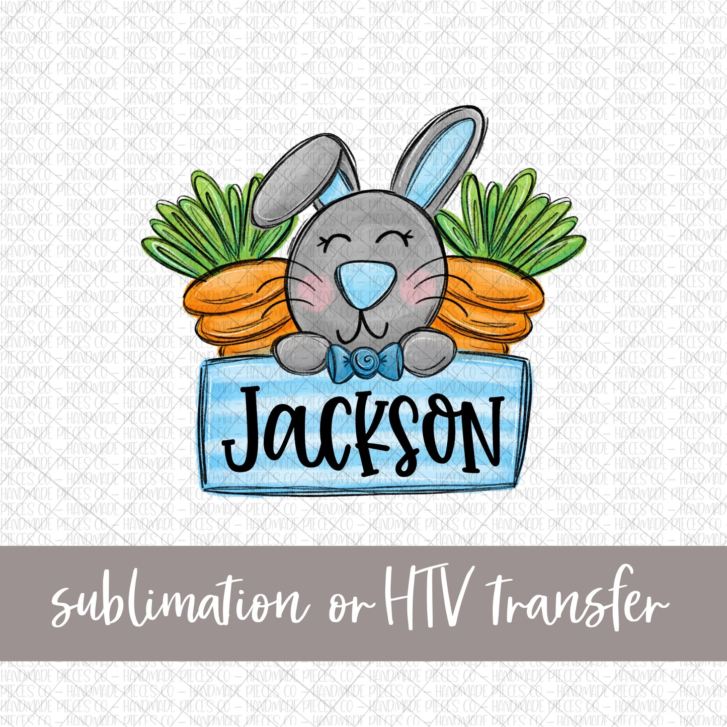 Bunny with Carrots, Blue with Name - Sublimation or HTV Transfer