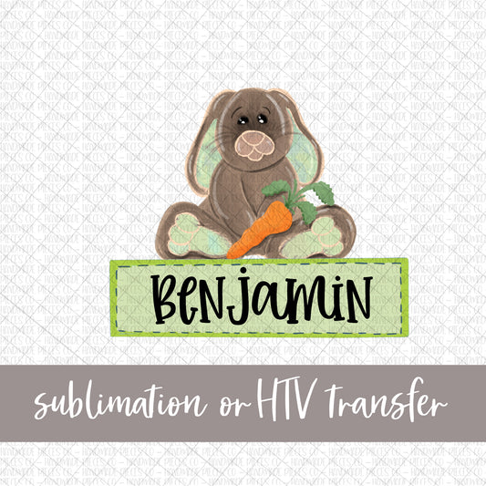 Bunny with Carrot, Watercolor Green with Name - Sublimation or HTV Transfer