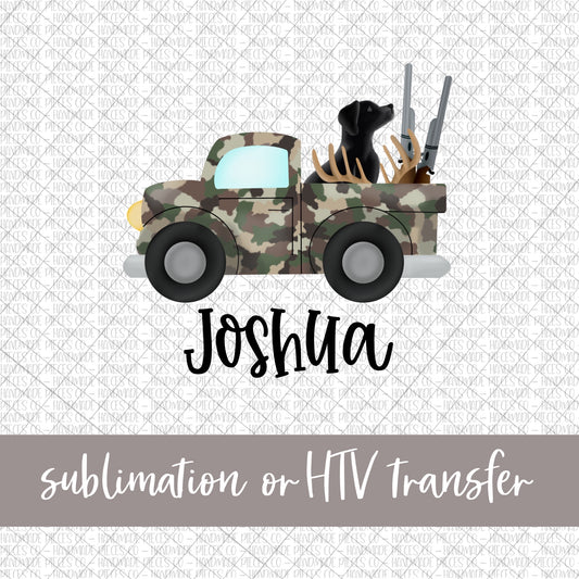 Camouflage Hunting Truck, Black Lab - Name Optional - Sublimation or HTV Transfer