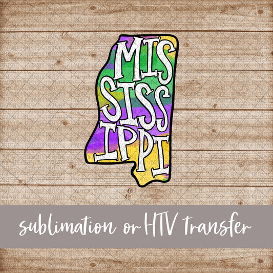 Mississippi Silhouette, Mardi Gras with Name - Sublimation or HTV Transfer