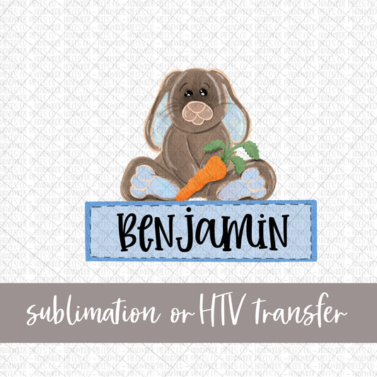Bunny with Carrot, Watercolor Blue with Name - Sublimation or HTV Transfer