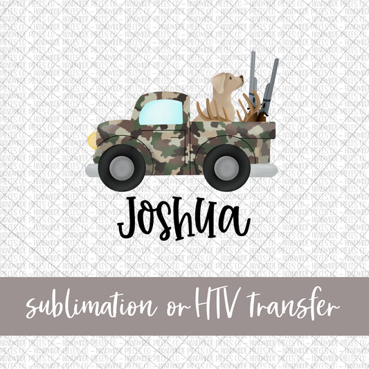 Camouflage Hunting Truck, Yellow Lab and Name - Sublimation or HTV Transfer