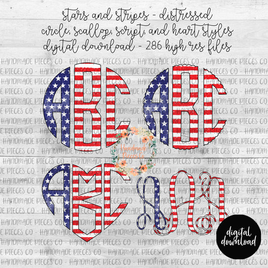 Stars and Stripes, Distressed Monogram - Multiple Styles - Digital Download