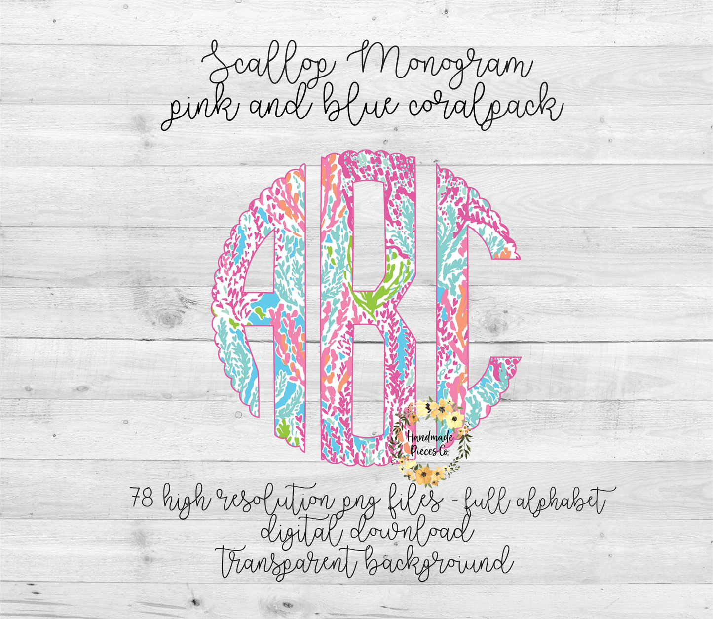 Pink and Blue Coral Monogram - Multiple Styles - Digital Download