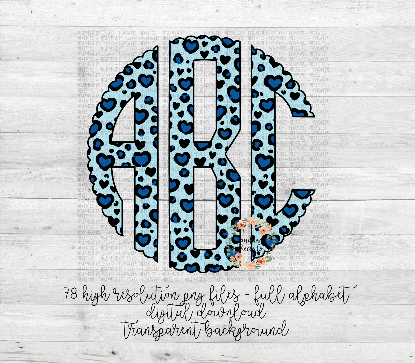 Leopard Hearts Monogram, Blue - Multiple Styles - Digital Download