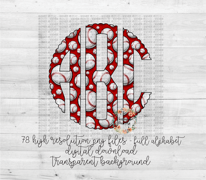 Baseball Monogram, Red Background - Multiple Styles - Digital Download