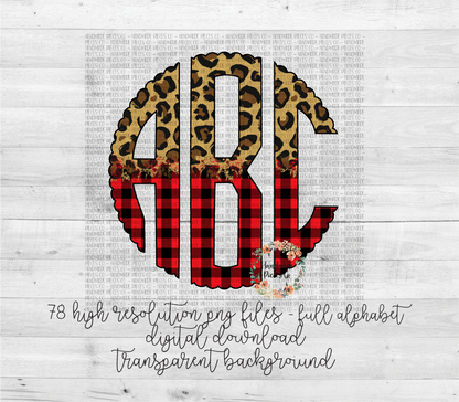 Leopard and Red Buffalo Plaid Split Monogram 1 - Multiple Styles - Digital Download